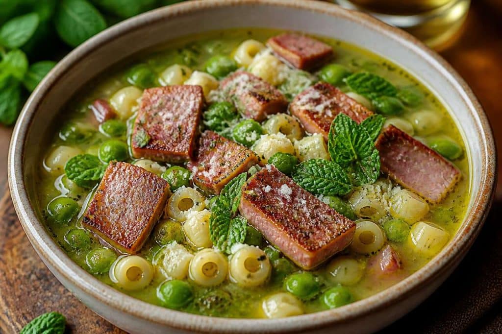 Recette de bouillon aux petits pois, pâtes, menthe et jambon