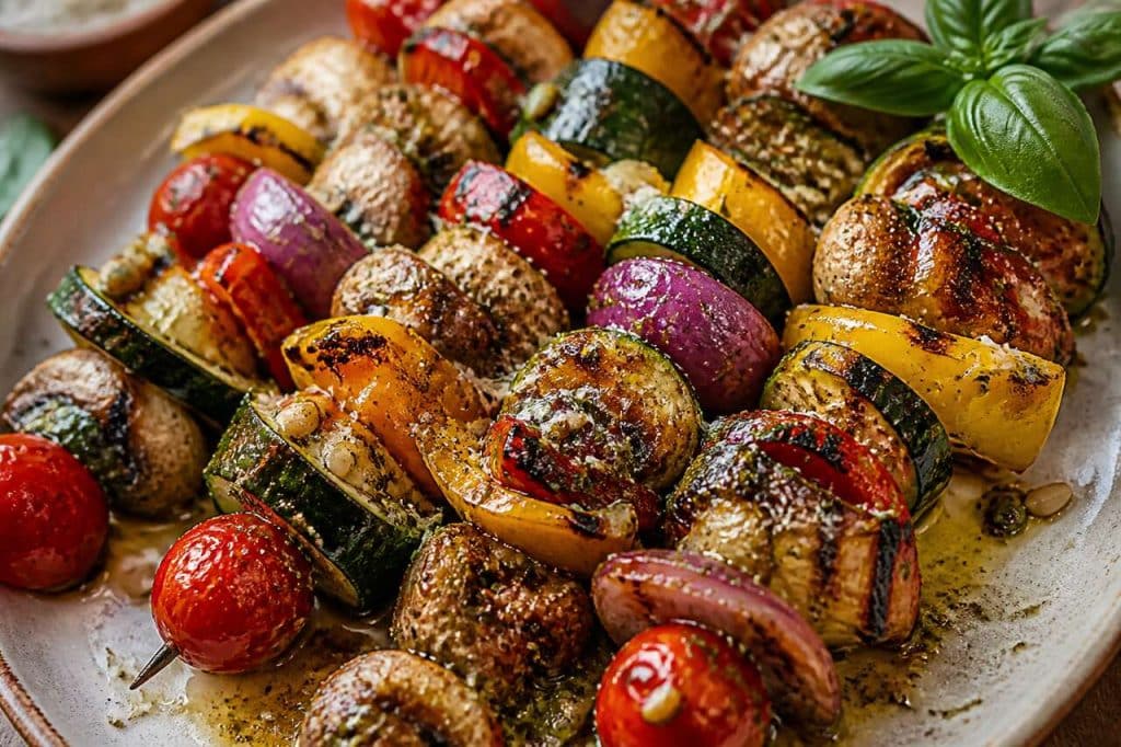 Recette de brochettes de légumes d'été au pesto de tomates confites