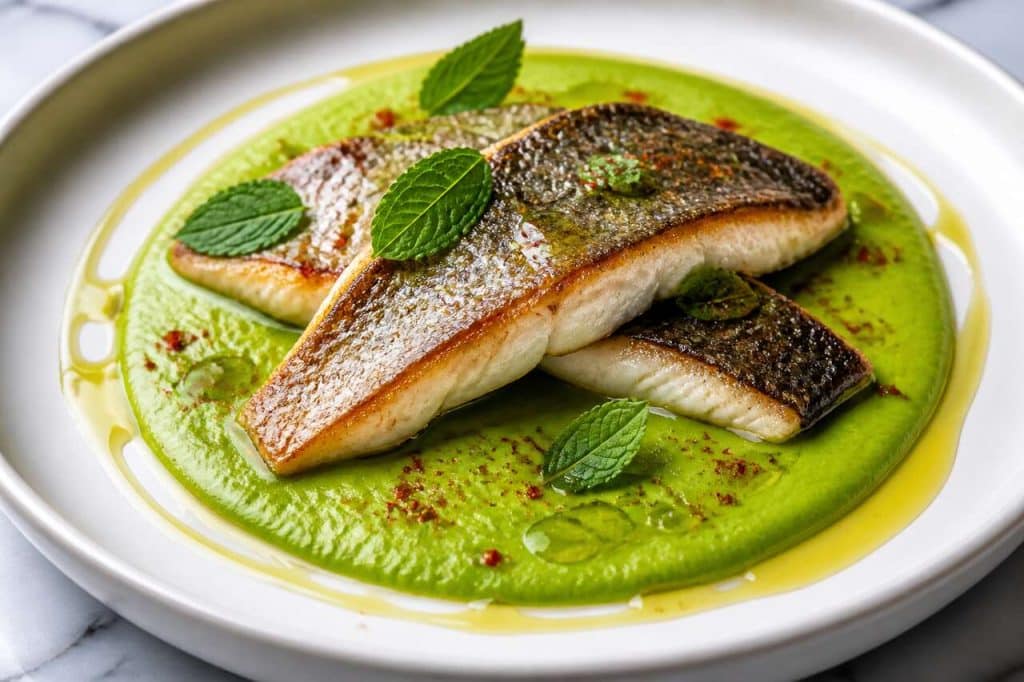 Recette de bar grillé dans un velouté de petits pois