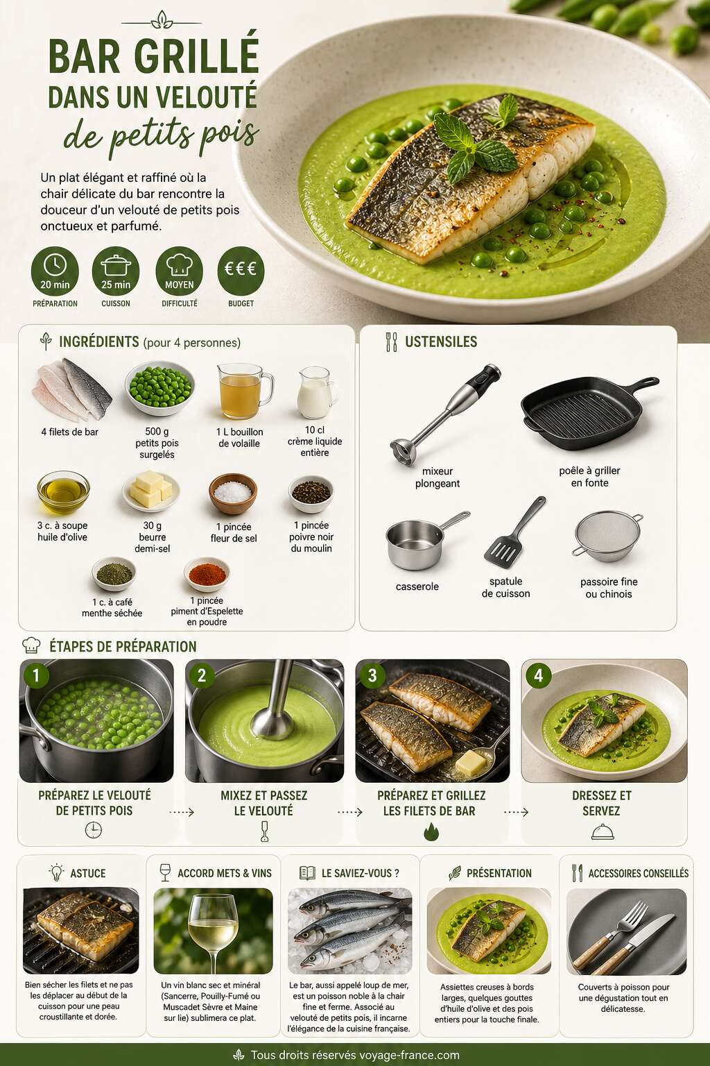 Fiche recette Recette de bar grillé dans un velouté de petits pois Fiche recette Recette de bar grillé dans un velouté de petits pois