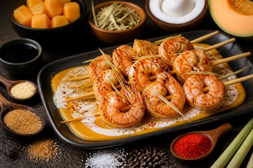Recette de brochettes de crevettes, sauce melon-coco