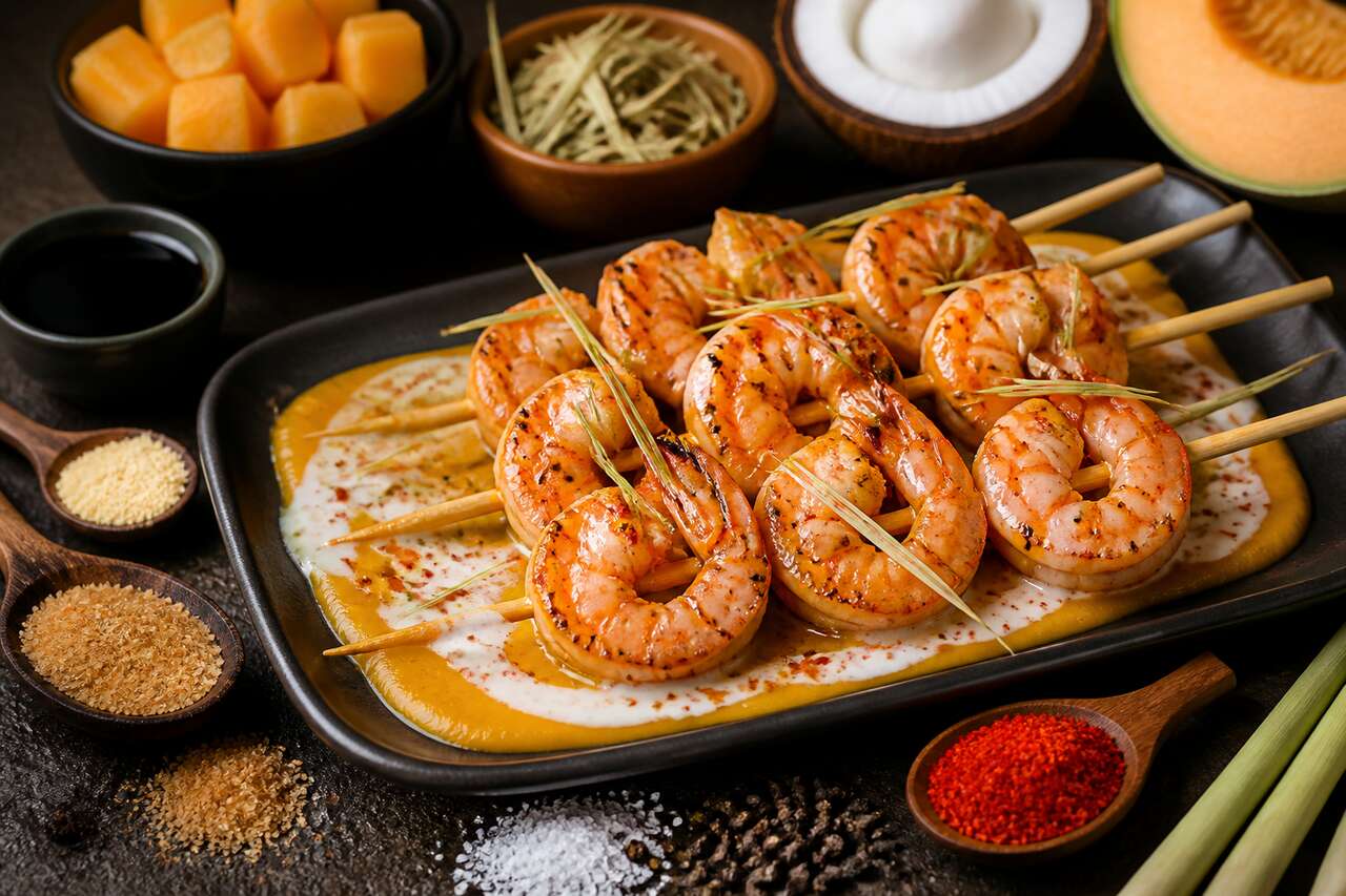 Recette de brochettes de crevettes, sauce melon-coco