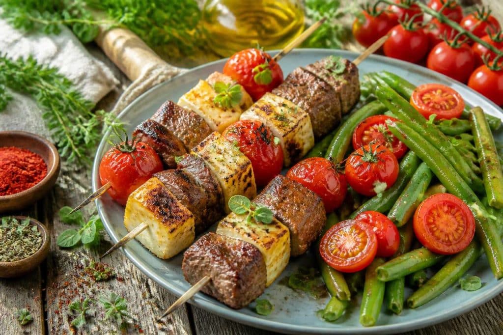 Brochettes de bœuf à l'halloumi et haricots beurre aux tomates cerises : une recette estivale et gourmande