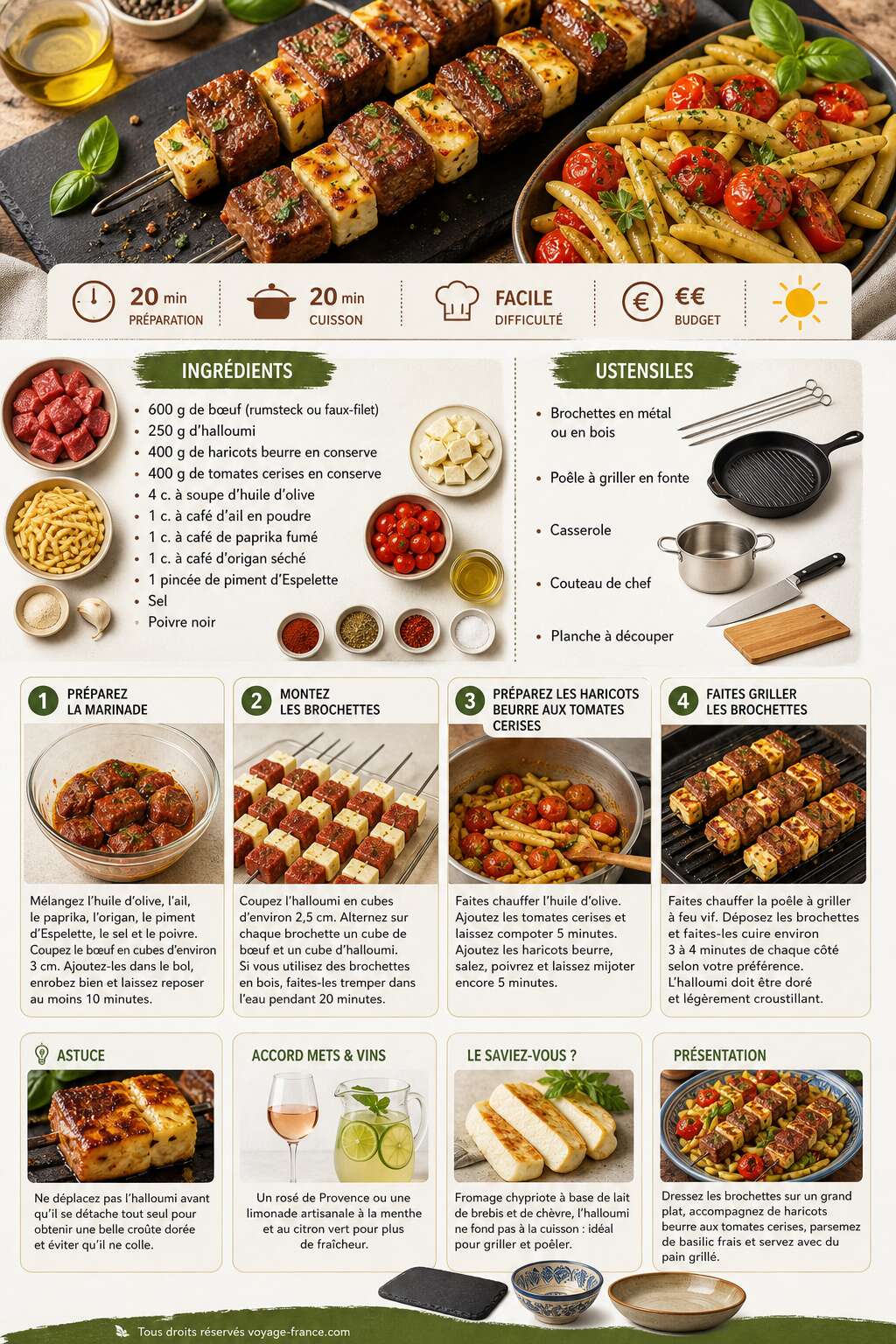 Fiche recette Brochettes de bœuf à l'halloumi et haricots beurre aux tomates cerises : une recette estivale et gourmande Fiche recette Brochettes de bœuf à l'halloumi et haricots beurre aux tomates cerises : une recette estivale et gourmande
