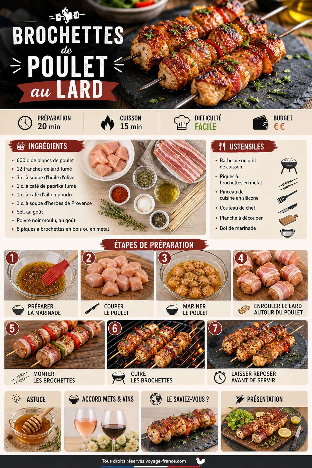 Fiche recette Recette de brochettes de poulet au lard Fiche recette Recette de brochettes de poulet au lard