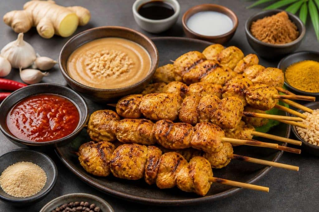 Recette de brochettes de poulet sauce pimentée et sauce satay