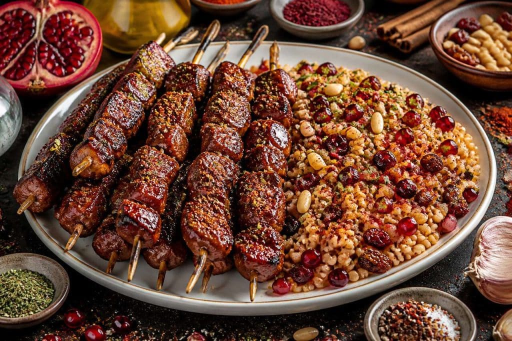 Recette de brochettes marinées au boulgour et salade de grenade