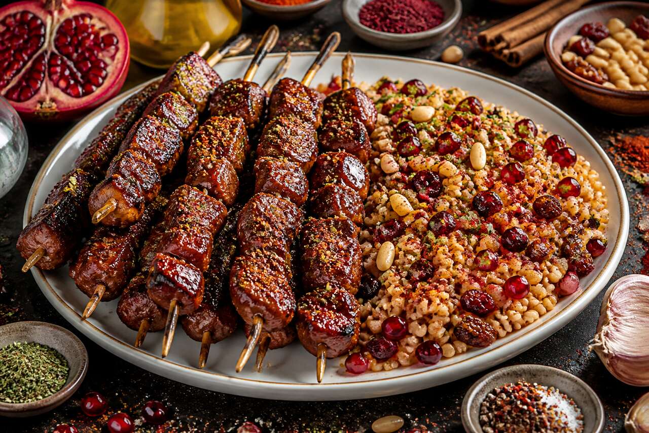 Recette de brochettes marinées au boulgour et salade de grenade