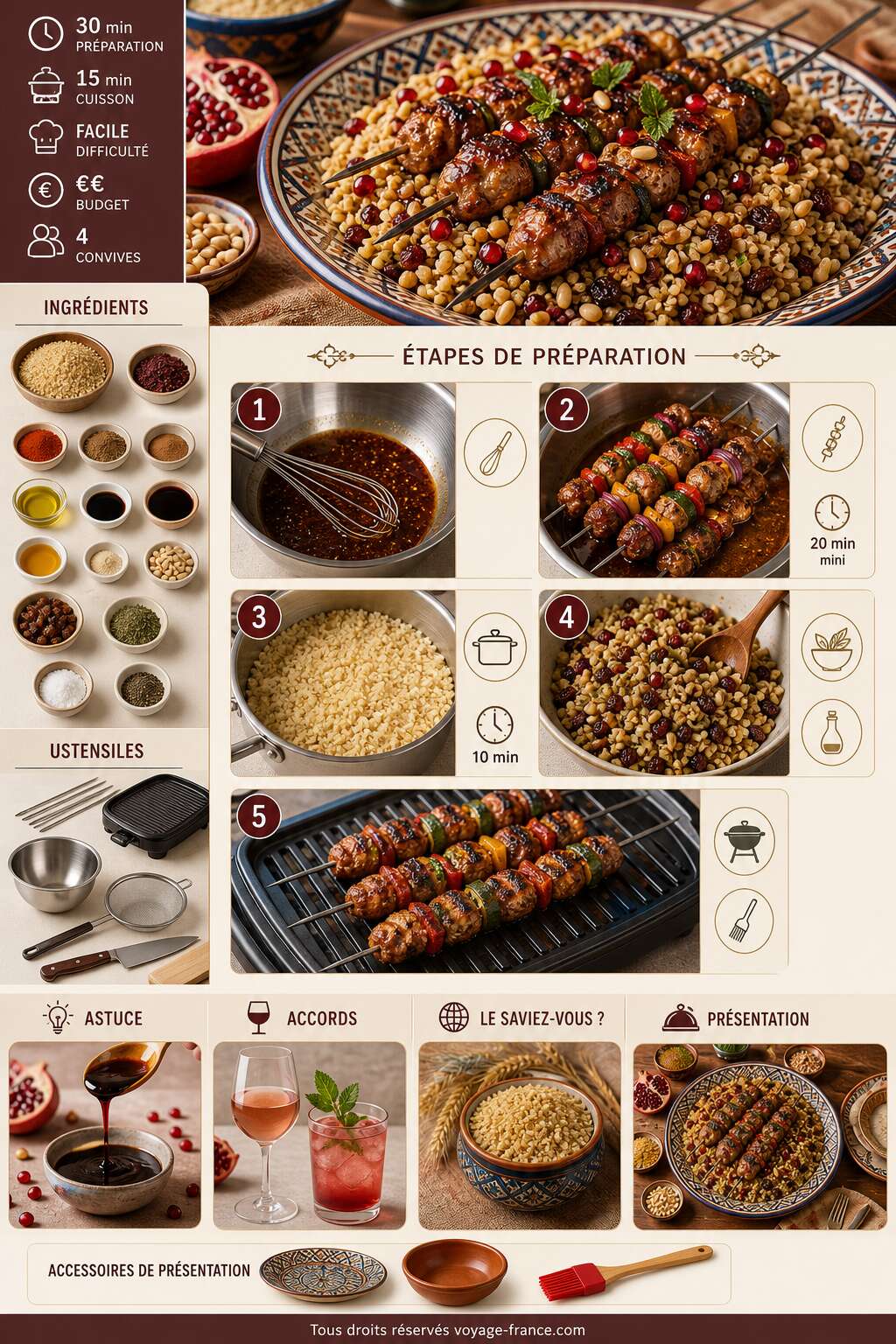 Fiche recette Recette de brochettes marinées au boulgour et salade de grenade Fiche recette Recette de brochettes marinées au boulgour et salade de grenade