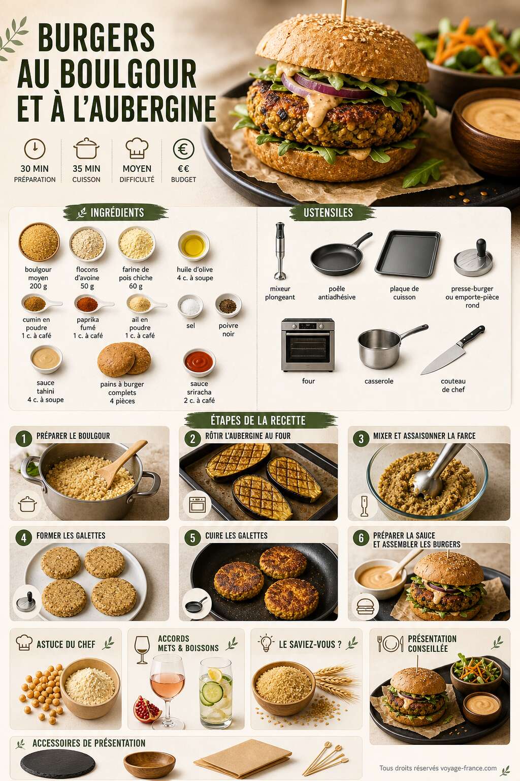 Fiche recette Recette de burgers au boulgour et à l'aubergine Fiche recette Recette de burgers au boulgour et à l'aubergine