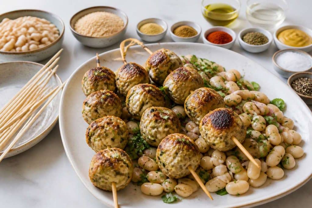 Brochettes de boulettes de poulet et courgette : la recette avec salade de haricots blancs