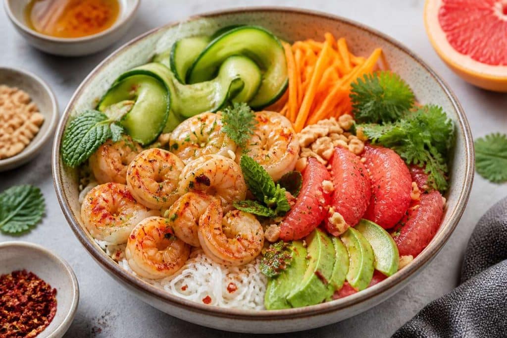 Recette de bo bun crevettes, pamplemousse et avocat