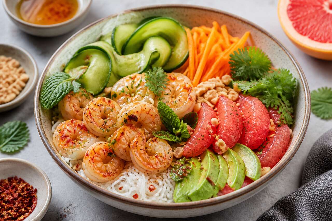 Recette de bo bun crevettes, pamplemousse et avocat