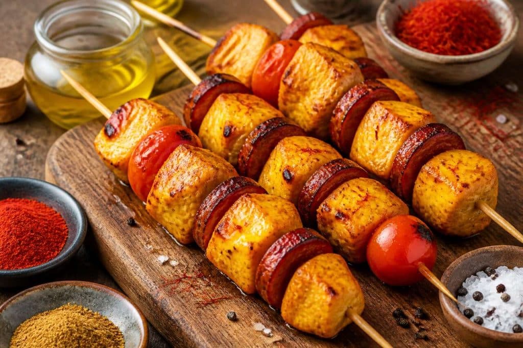 Recette de brochettes de poulet safrané, chorizo et tomates cerises
