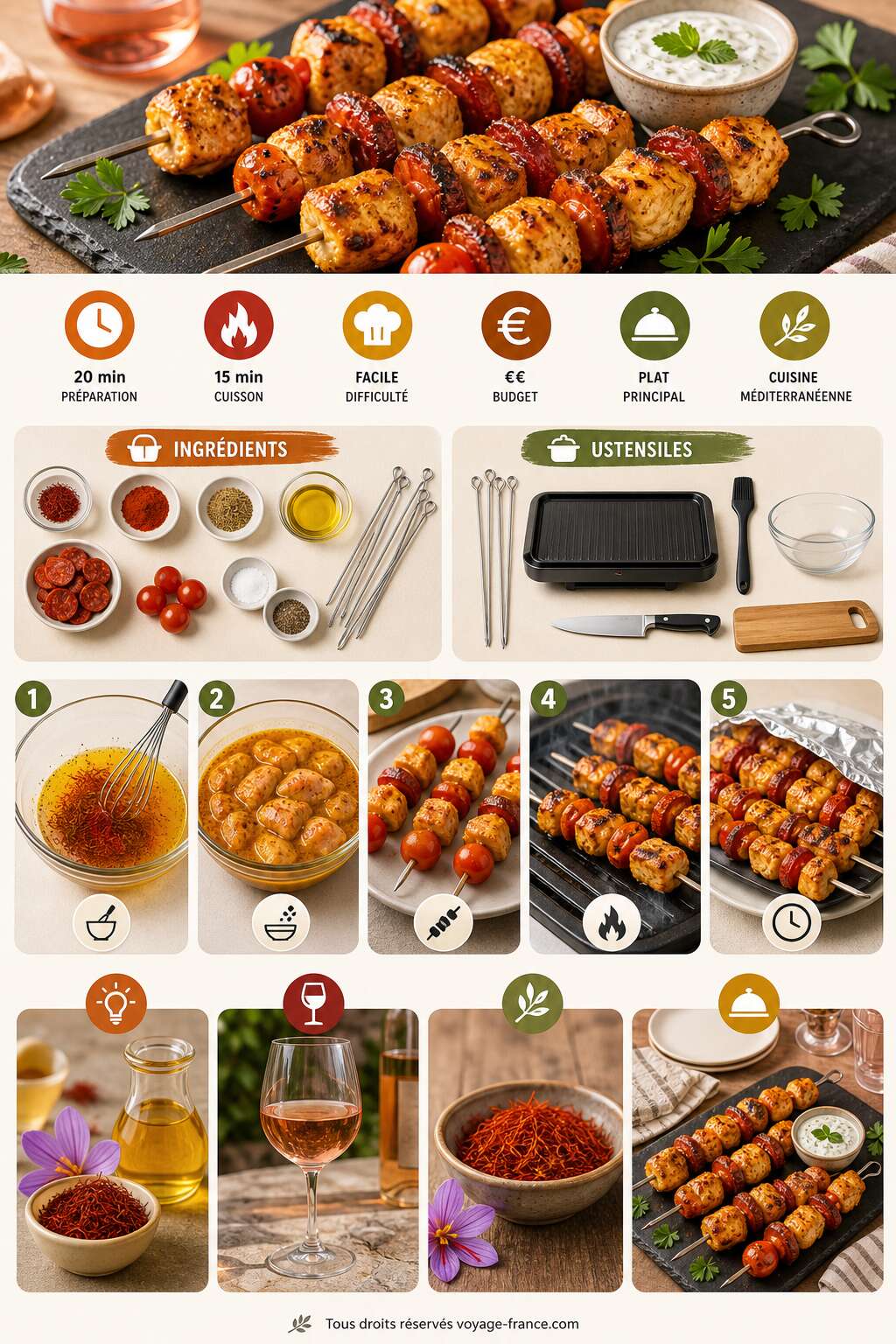 Fiche recette Recette de brochettes de poulet safrané, chorizo et tomates cerises Fiche recette Recette de brochettes de poulet safrané, chorizo et tomates cerises