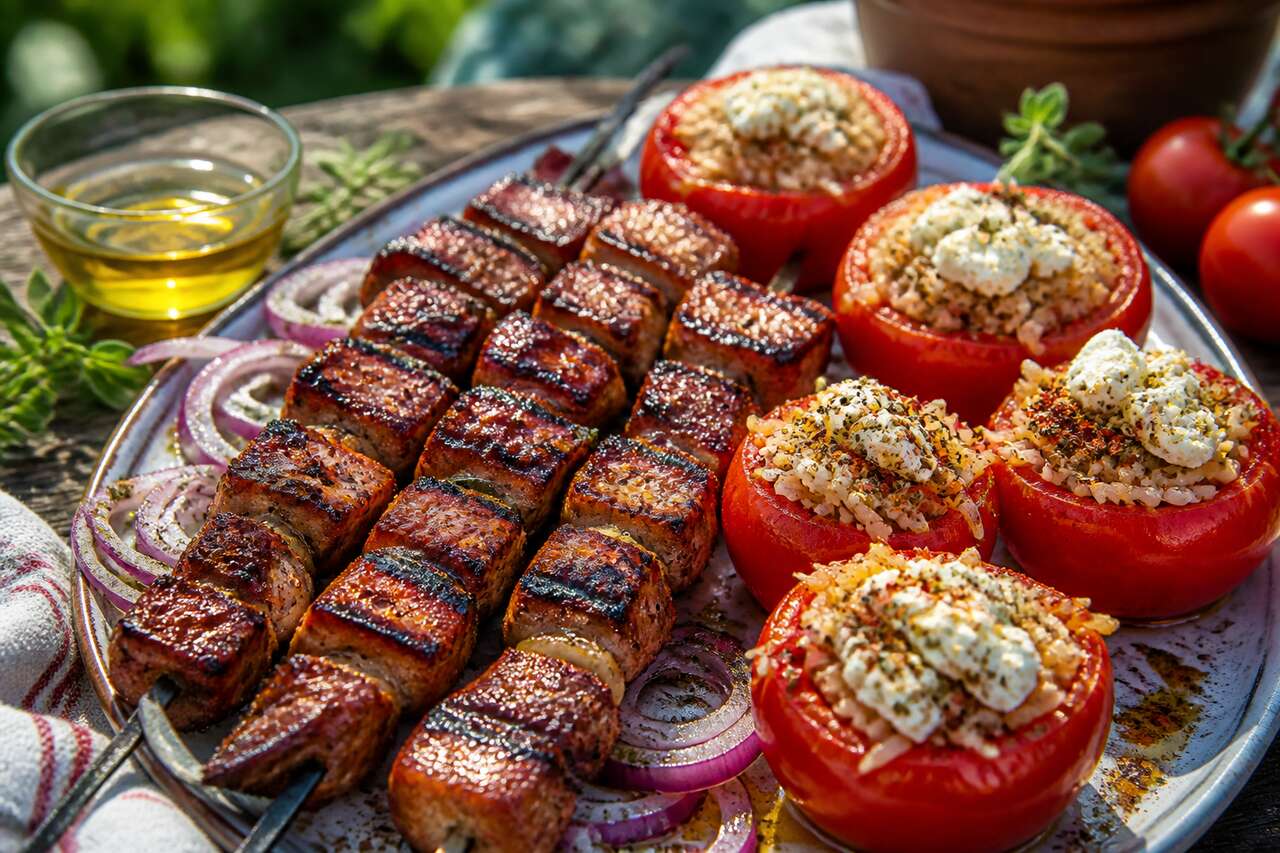 Brochettes de porc et tomates farcies au riz et à la feta : une recette estivale gourmande