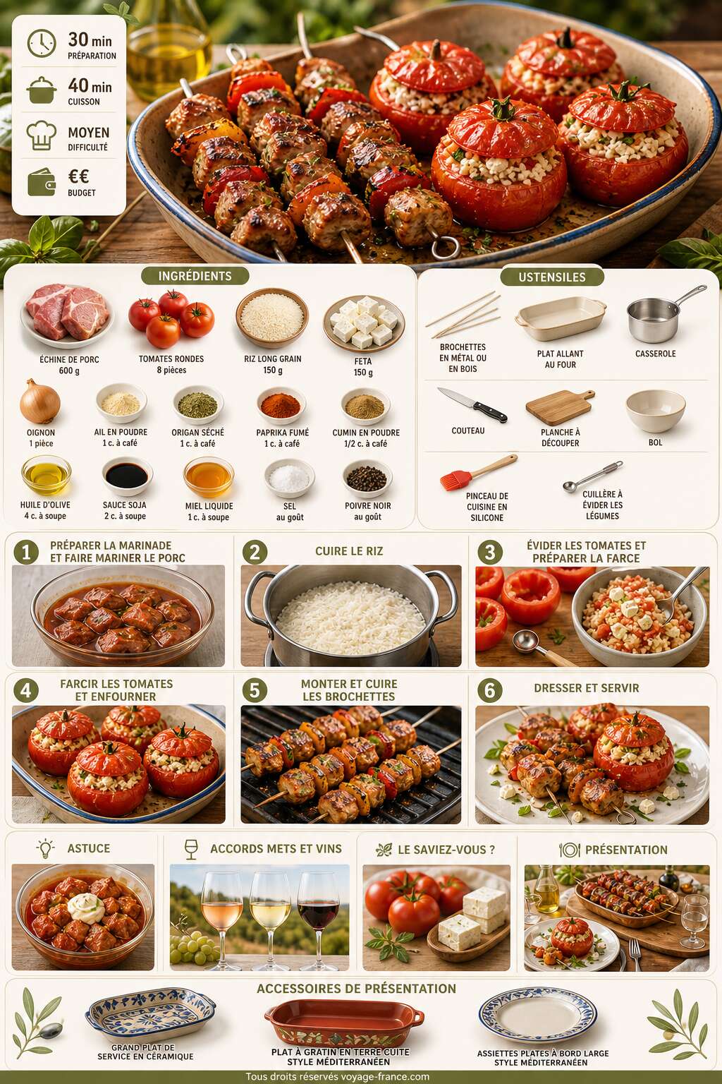 Fiche recette Brochettes de porc et tomates farcies au riz et à la feta : une recette estivale gourmande Fiche recette Brochettes de porc et tomates farcies au riz et à la feta : une recette estivale gourmande
