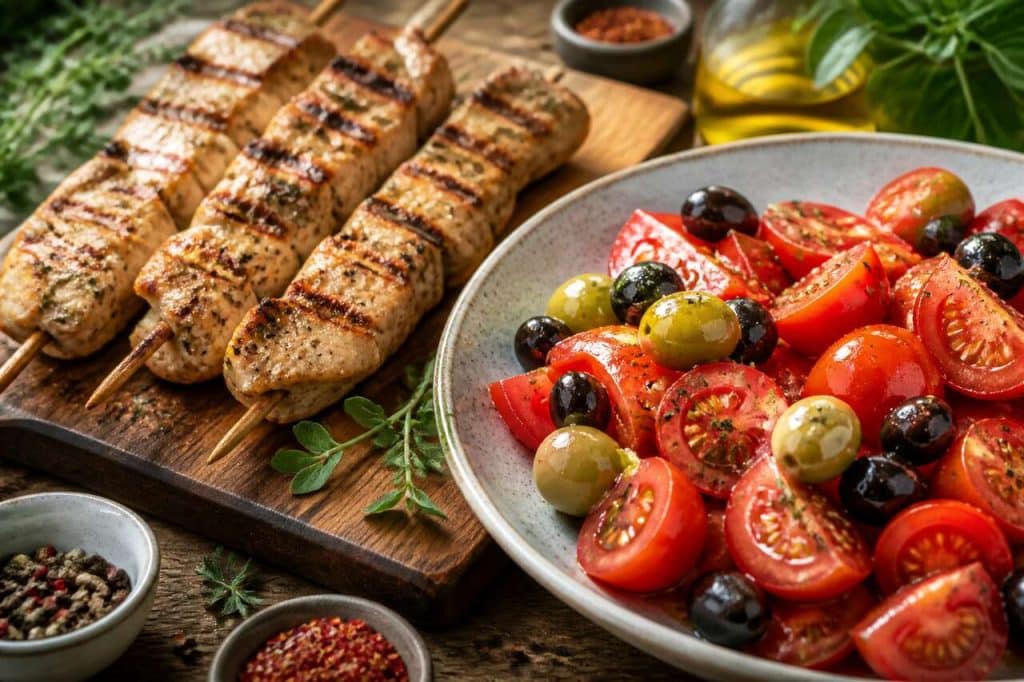 Recette de brochettes de poulet et salade de tomates aux deux olives