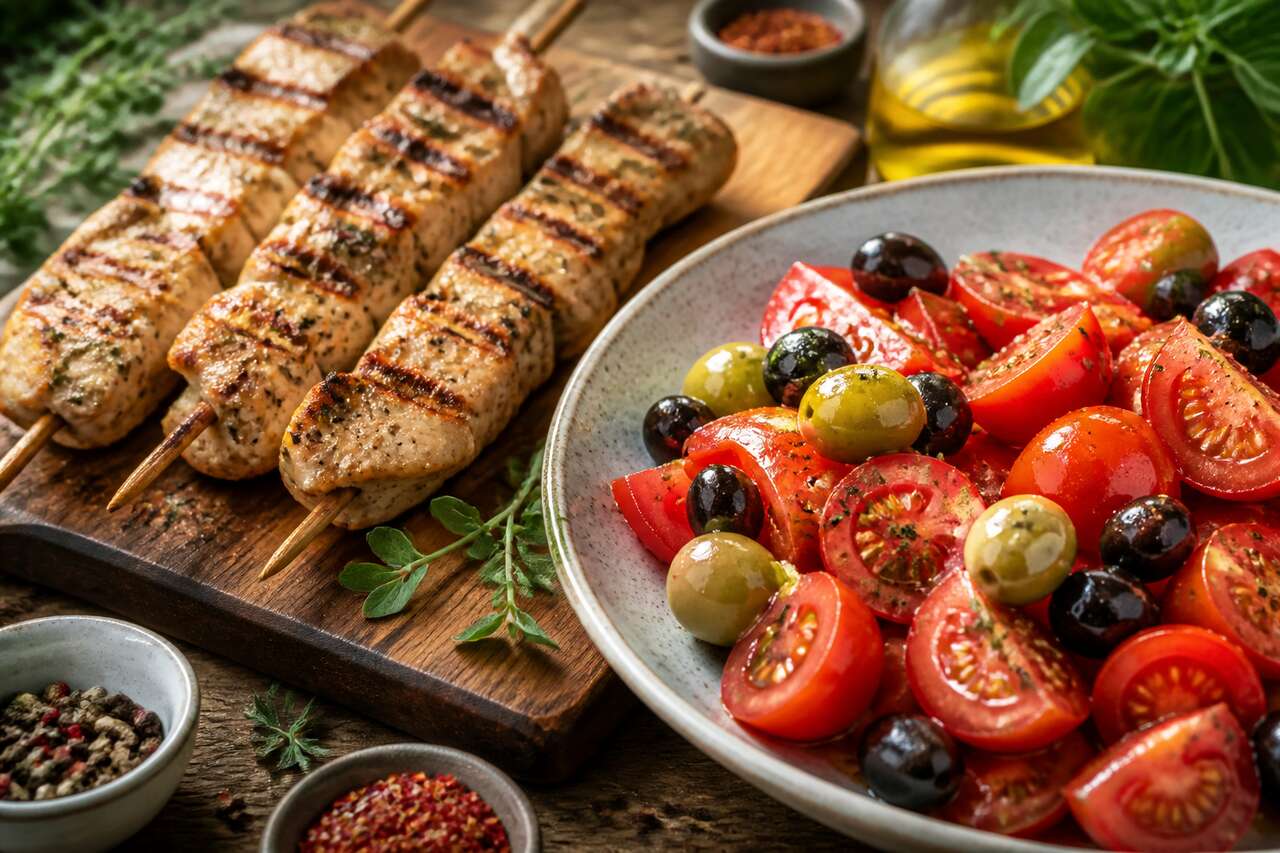 Recette de brochettes de poulet et salade de tomates aux deux olives