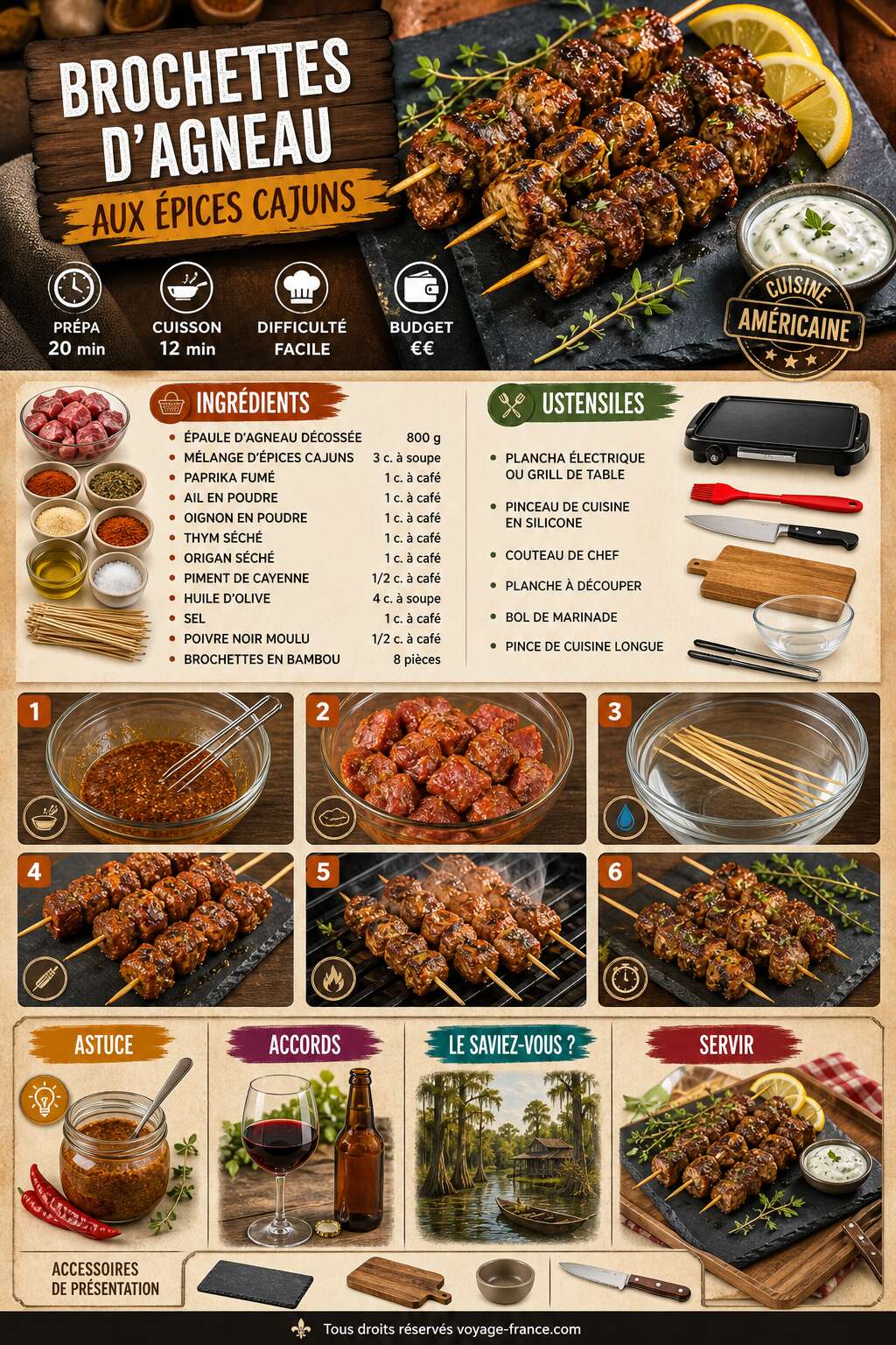 Fiche recette Recette de brochettes d'agneau aux épices cajuns Fiche recette Recette de brochettes d'agneau aux épices cajuns