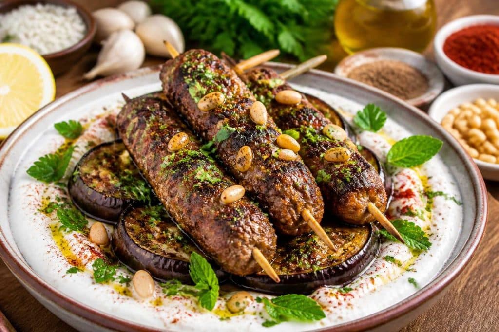Recette de brochettes de kefta sur aubergine, sauce yaourt