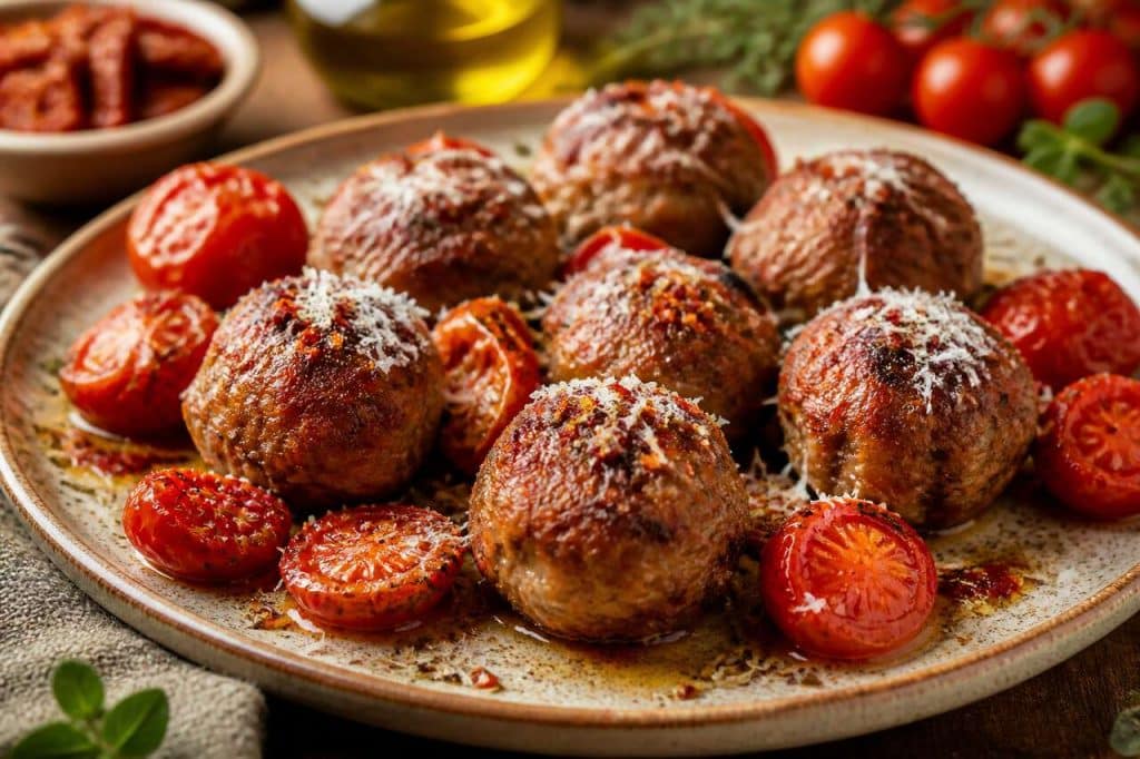 Recette de boulettes au pecorino et tomates cerises rôties