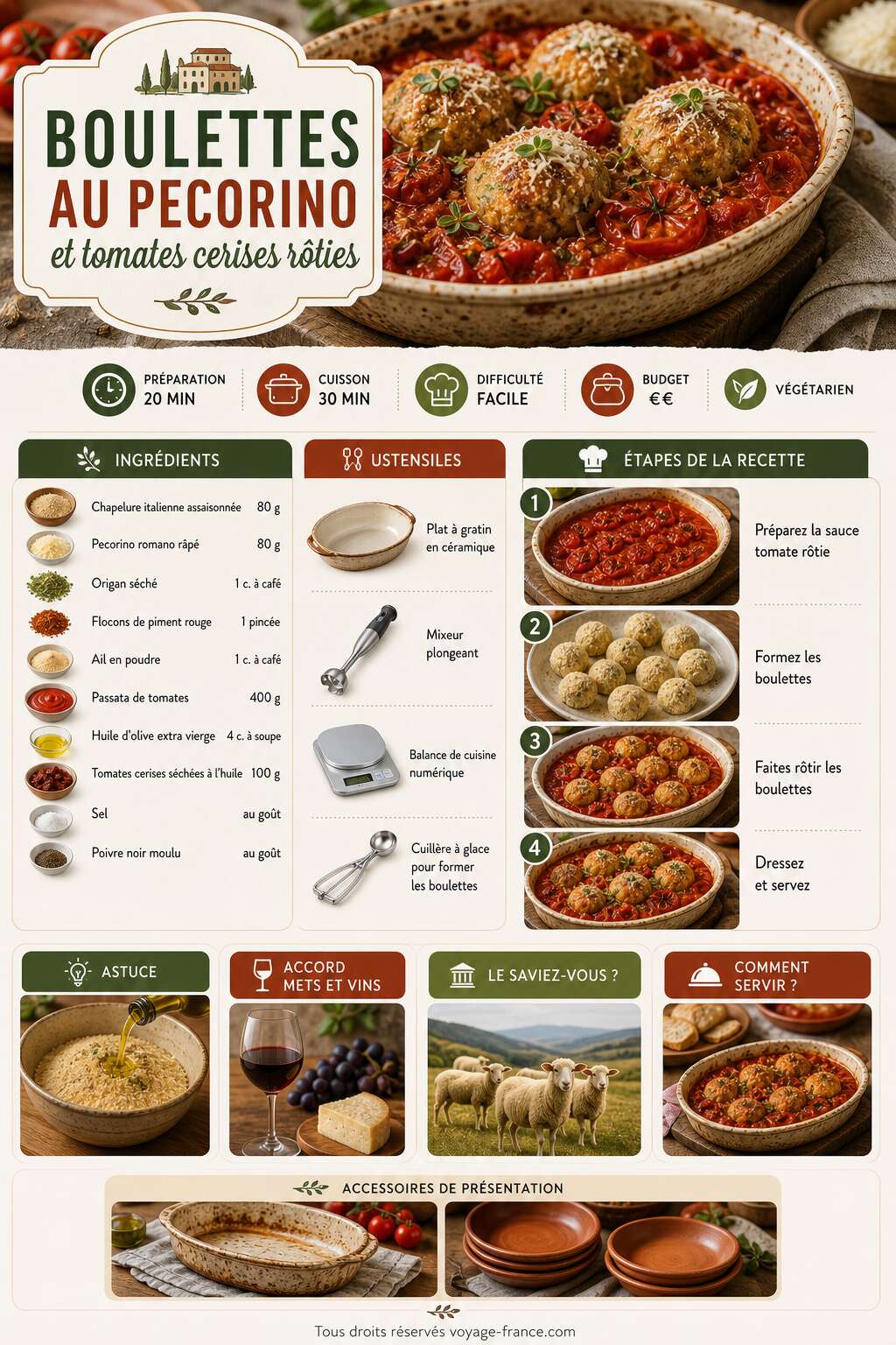 Fiche recette Recette de boulettes au pecorino et tomates cerises rôties Fiche recette Recette de boulettes au pecorino et tomates cerises rôties