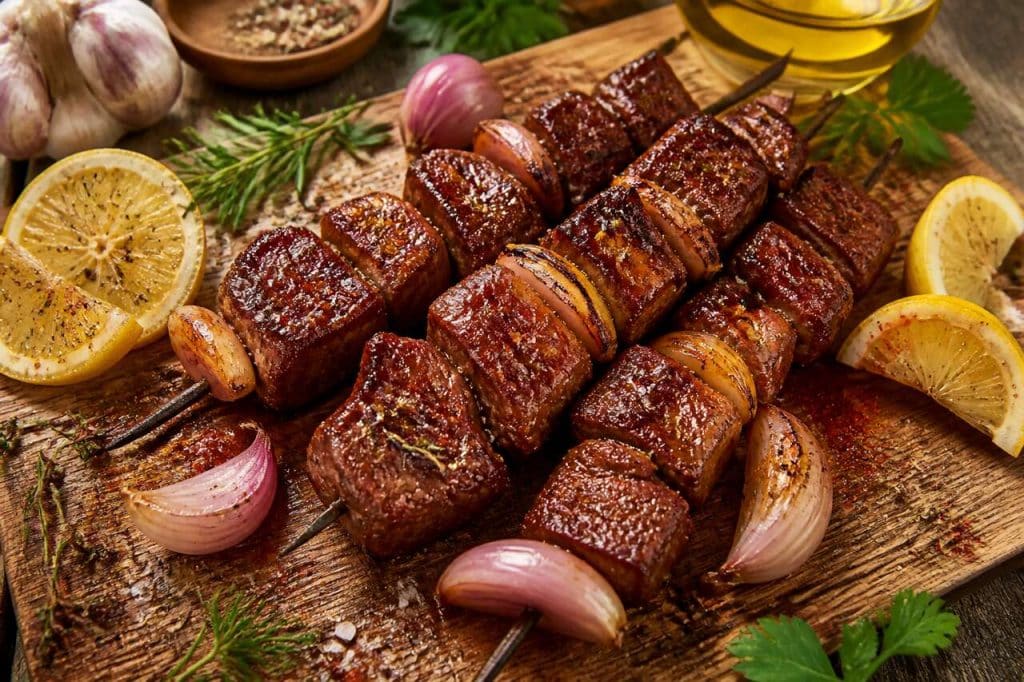 Brochettes de bœuf marinées aux échalotes, herbes, citron et huile d'olive : la recette savoureuse