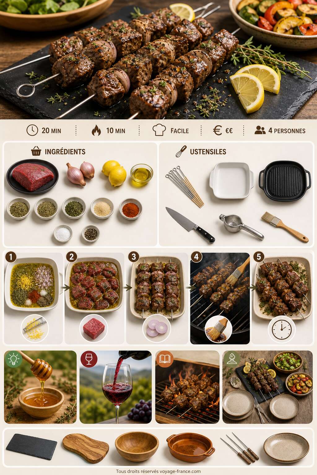 Fiche recette Brochettes de bœuf marinées aux échalotes, herbes, citron et huile d'olive : la recette savoureuse Fiche recette Brochettes de bœuf marinées aux échalotes, herbes, citron et huile d'olive : la recette savoureuse