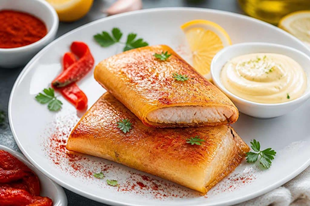 Recette de bricks de filet de mulet de mer au piment d'Espelette et coulis de poivron rouge