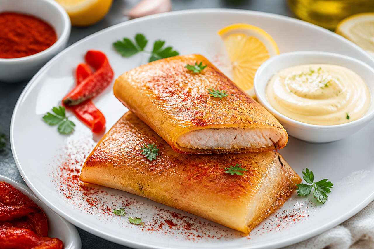 Recette de bricks de filet de mulet de mer au piment d'Espelette et coulis de poivron rouge