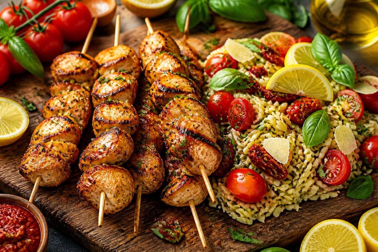 Brochettes de poulet mariné et salade de riso aux tomates : la recette estivale parfaite