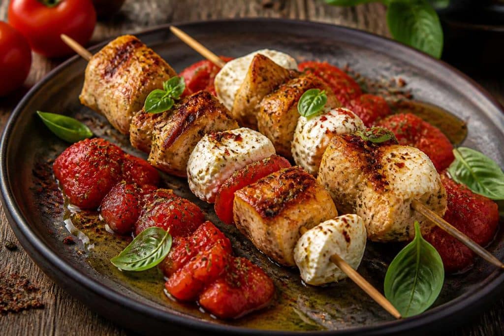 Recette de brochettes de volaille au chèvre et concassée de tomates au basilic