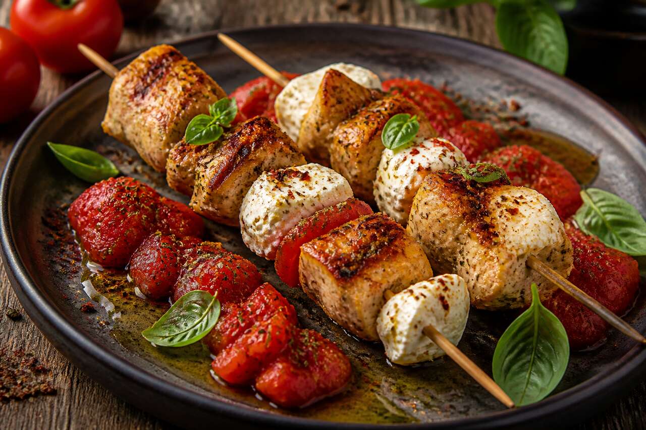 Recette de brochettes de volaille au chèvre et concassée de tomates au basilic