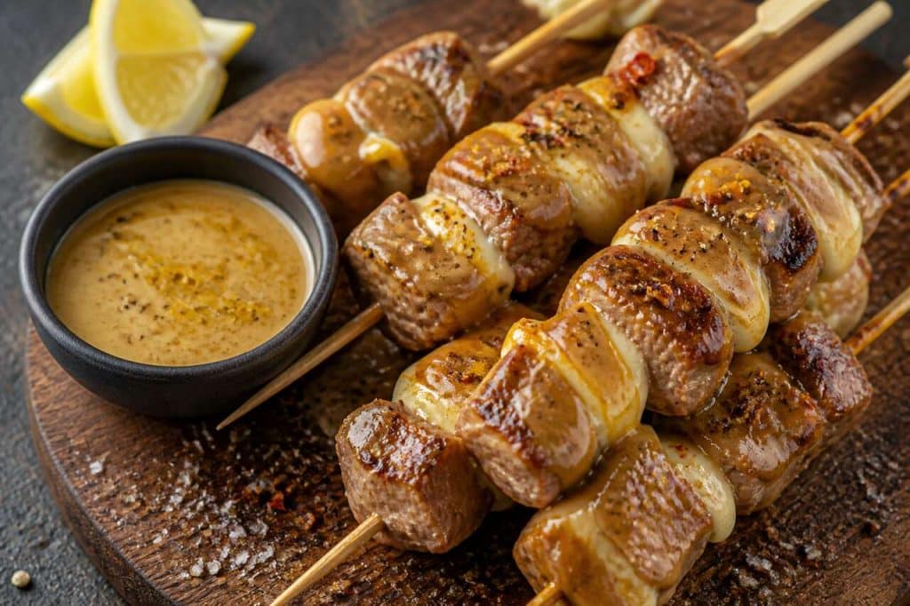 Recette de brochettes de porc au reblochon et sauce cacahuètes