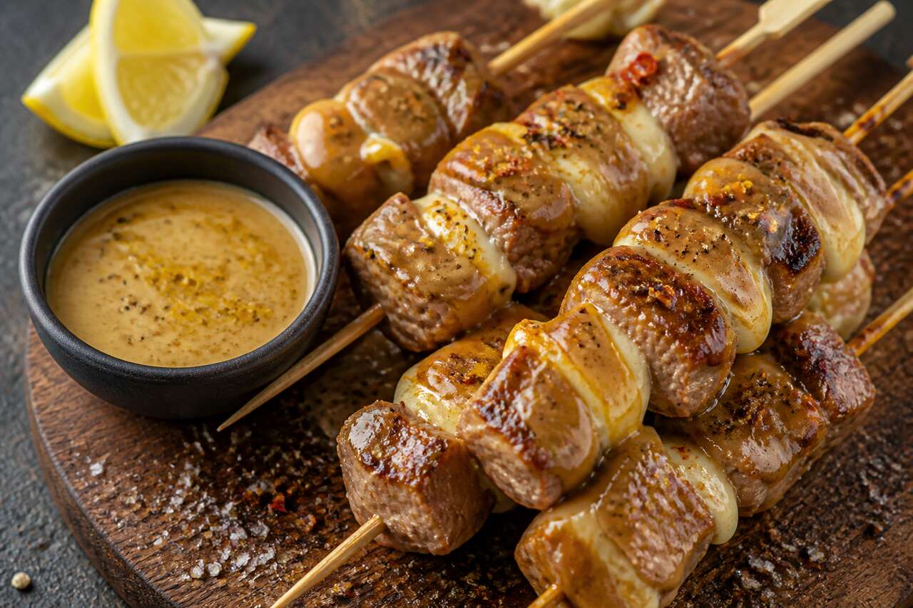 Recette de brochettes de porc au reblochon et sauce cacahuètes