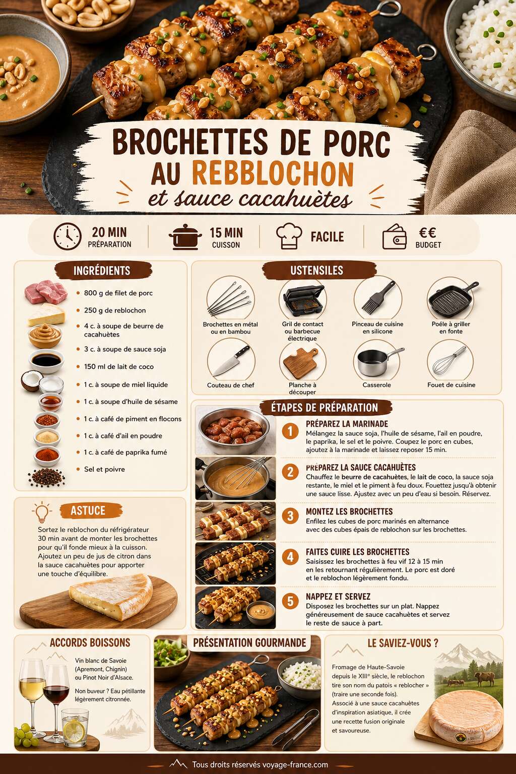 Fiche recette Recette de brochettes de porc au reblochon et sauce cacahuètes Fiche recette Recette de brochettes de porc au reblochon et sauce cacahuètes