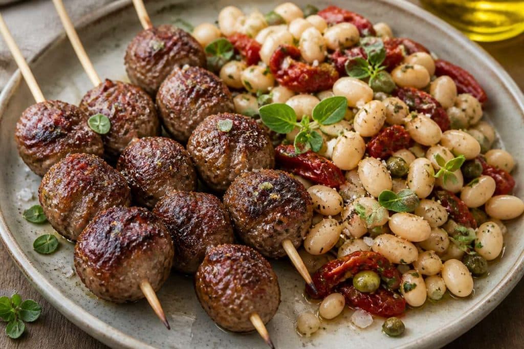 Brochettes de boulettes de viande et salade de haricots blancs : la recette gourmande