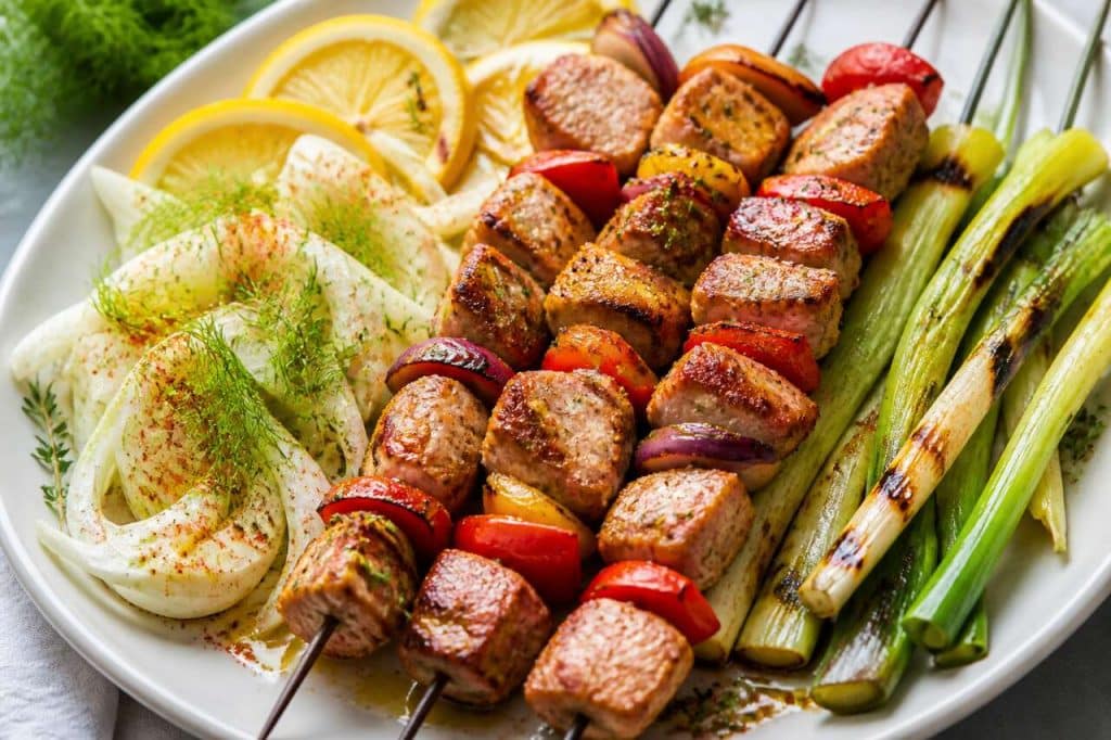 Recette de brochettes de porc, salade de fenouil et poireaux grillés