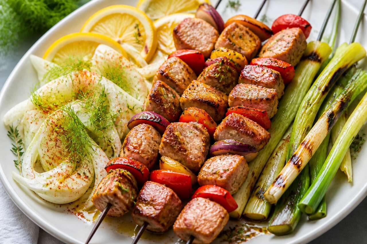 Recette de brochettes de porc, salade de fenouil et poireaux grillés