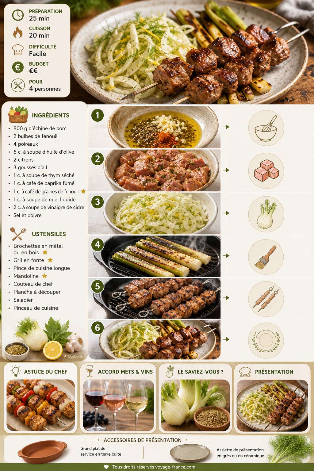 Fiche recette Recette de brochettes de porc, salade de fenouil et poireaux grillés Fiche recette Recette de brochettes de porc, salade de fenouil et poireaux grillés