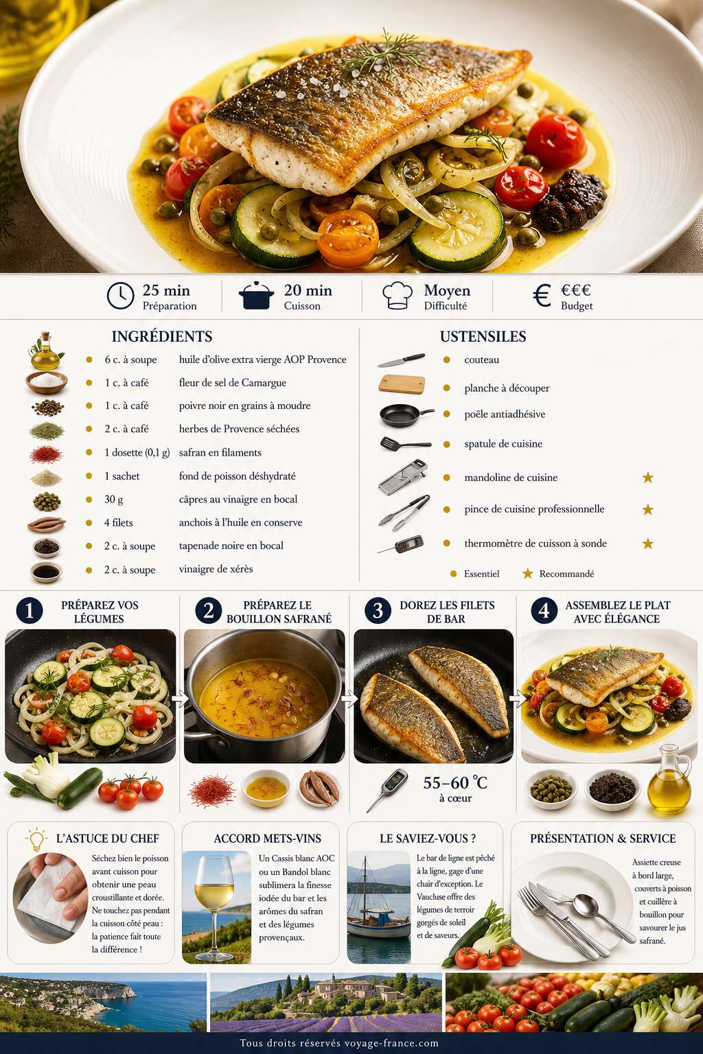 Fiche recette Recette de bar de ligne doré aux petits légumes du Vaucluse Fiche recette Recette de bar de ligne doré aux petits légumes du Vaucluse