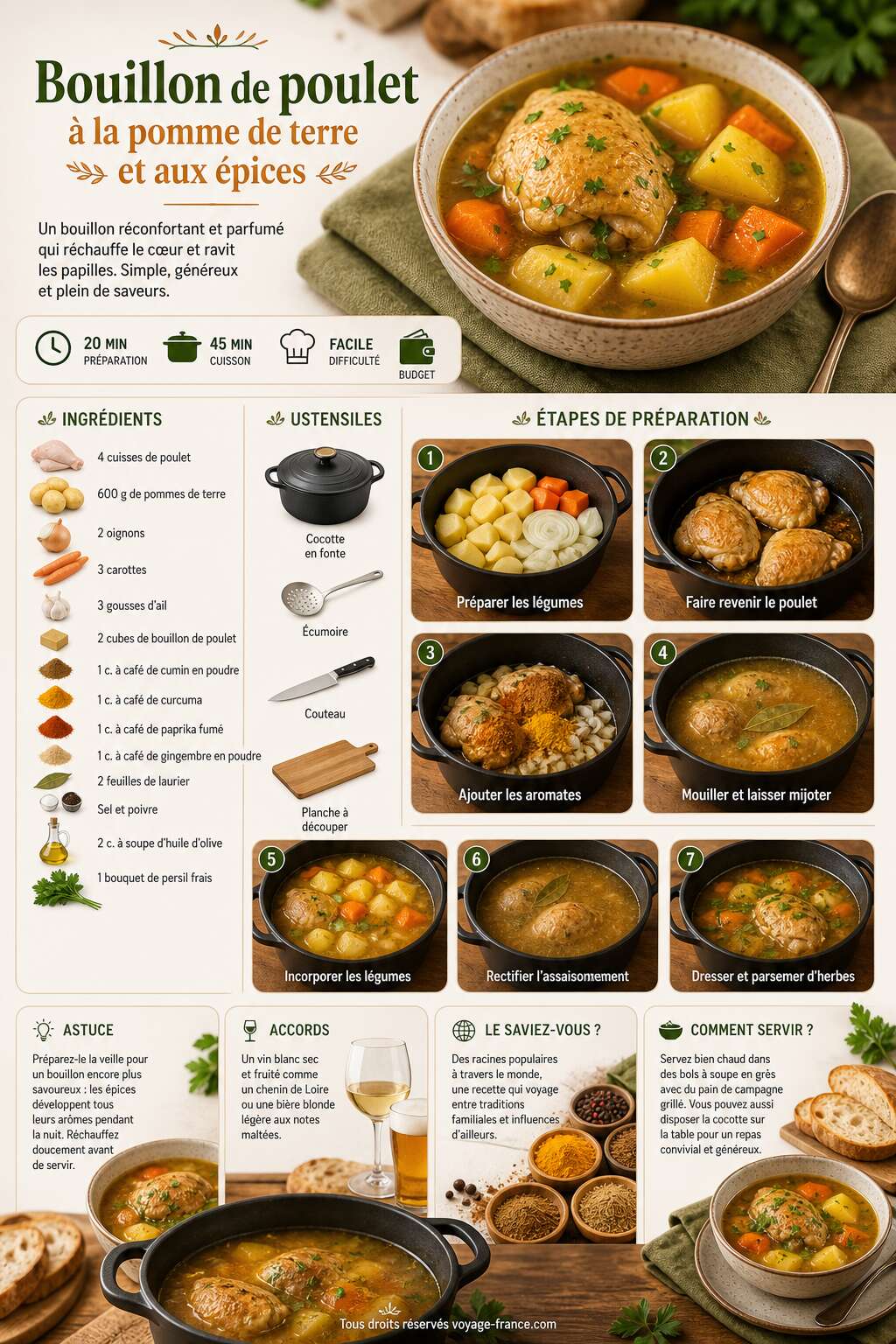 Fiche recette Recette de bouillon de poulet &agrave; la pomme de terre et aux &eacute;pices