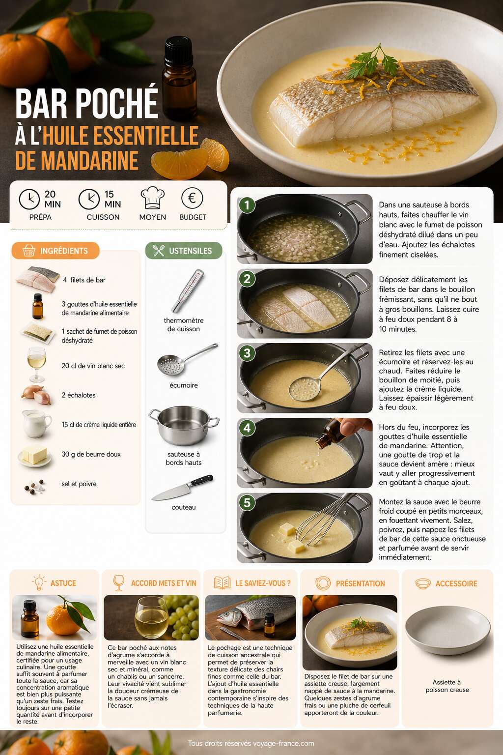 Fiche recette Recette de bar poché à l'huile essentielle de mandarine Fiche recette Recette de bar poché à l'huile essentielle de mandarine