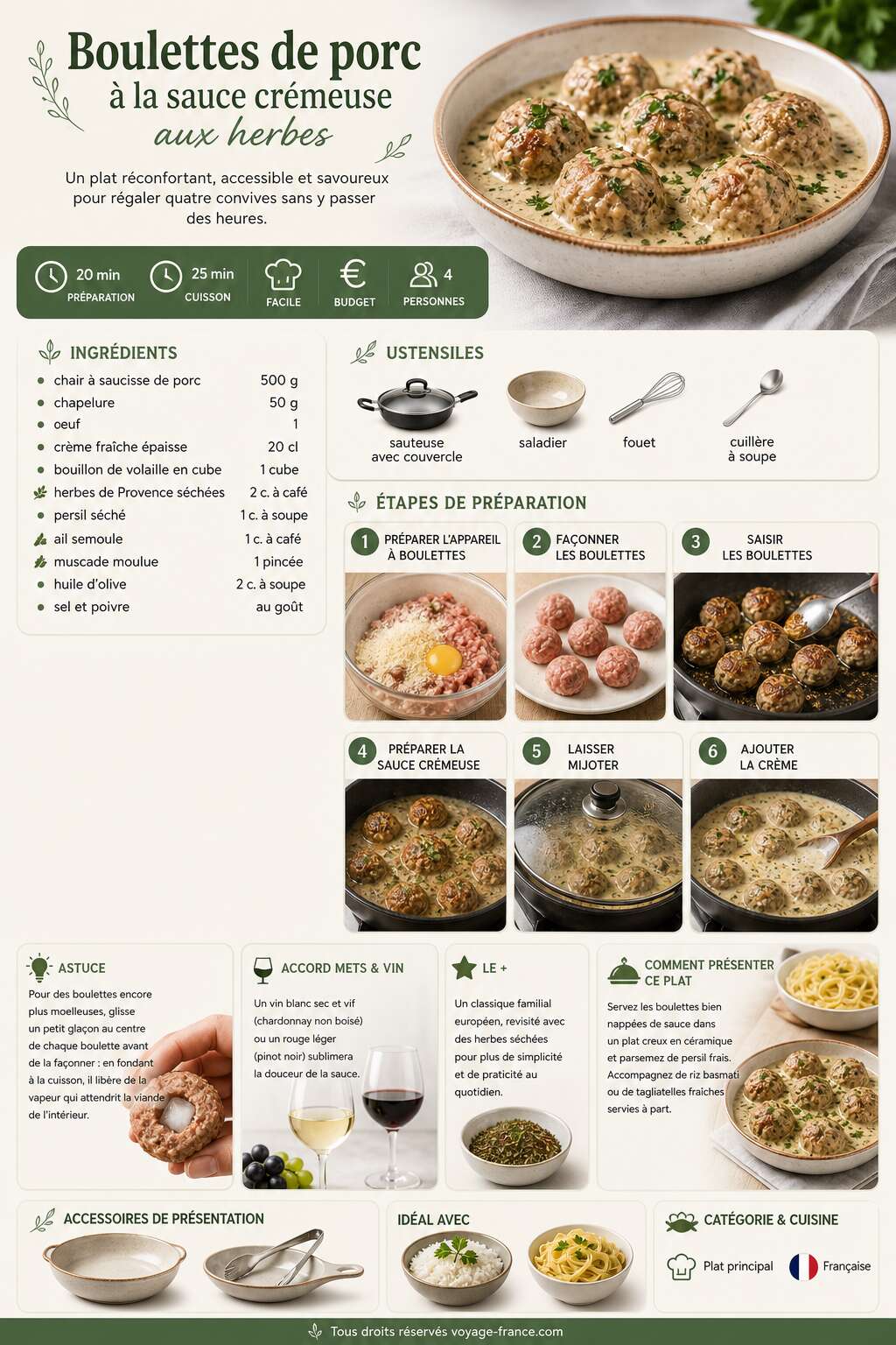 Fiche recette Recette de boulettes de porc à la sauce crémeuse aux herbes Fiche recette Recette de boulettes de porc à la sauce crémeuse aux herbes