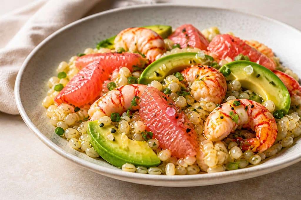 Bowl d'orge perlé aux écrevisses, pamplemousse et avocat : la recette fraîche et gourmande