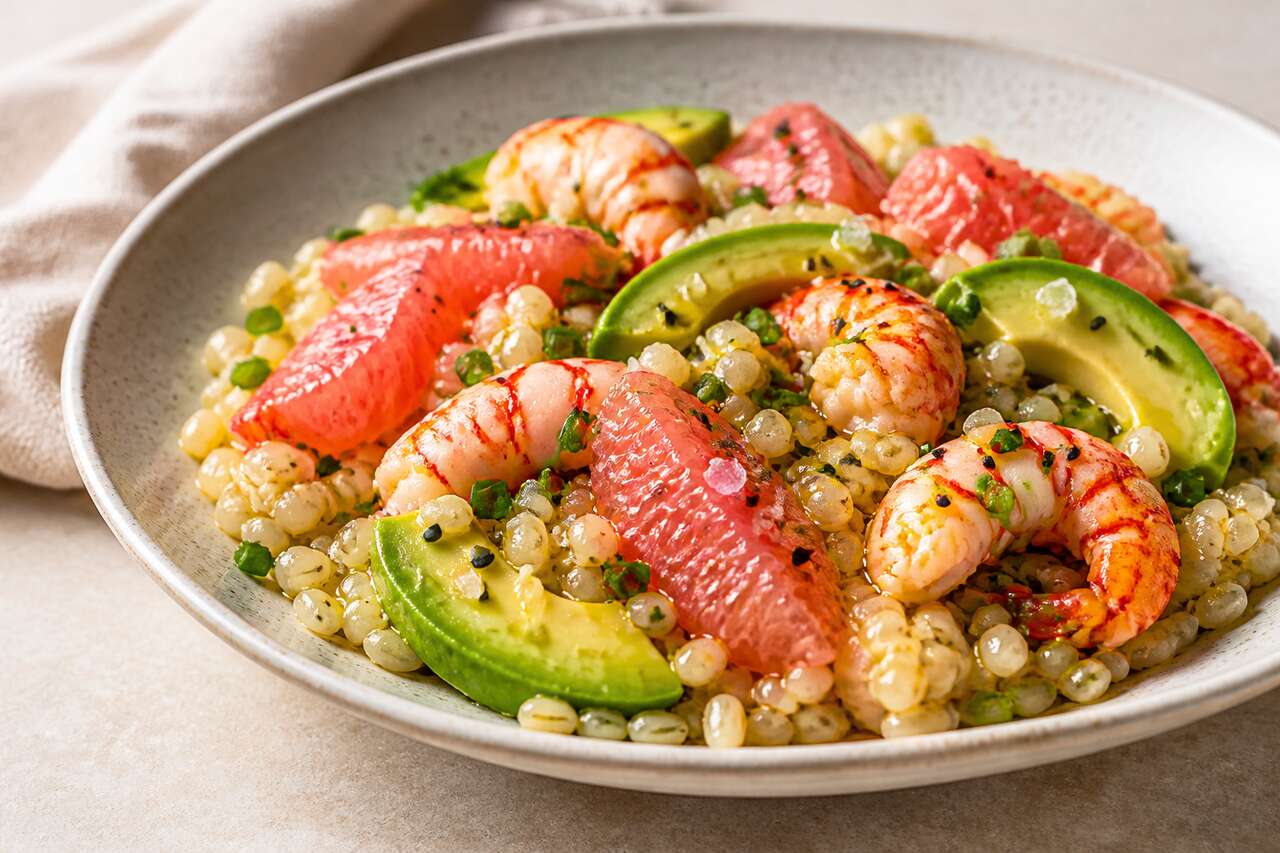 Bowl d'orge perlé aux écrevisses, pamplemousse et avocat : la recette fraîche et gourmande