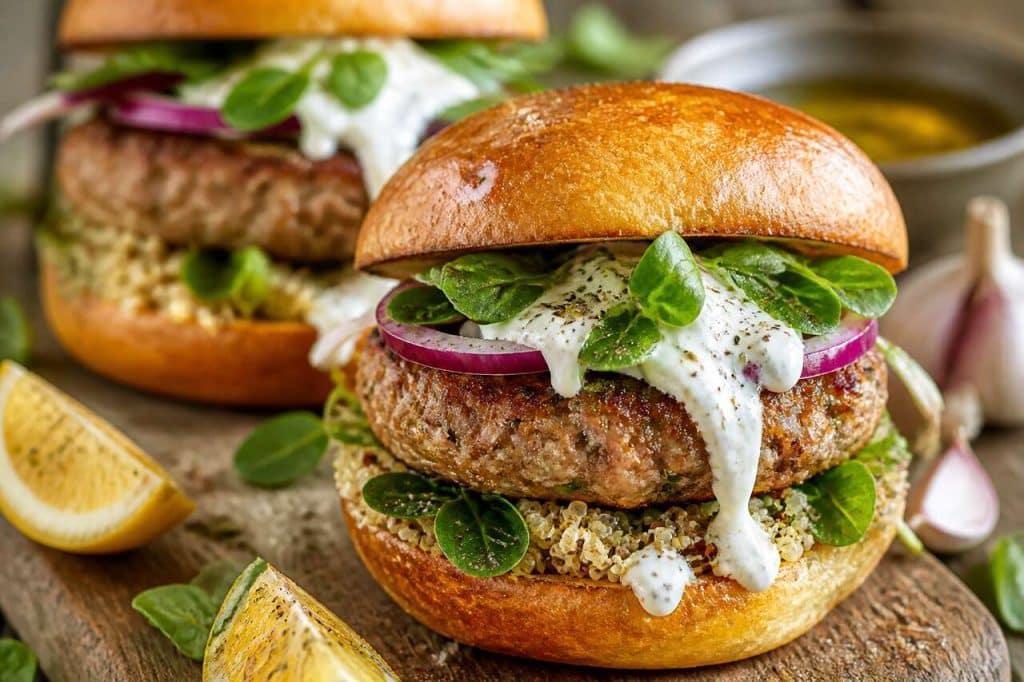 Recette du burger de veau et quinoa aux pousses d'épinards et sauce au yaourt