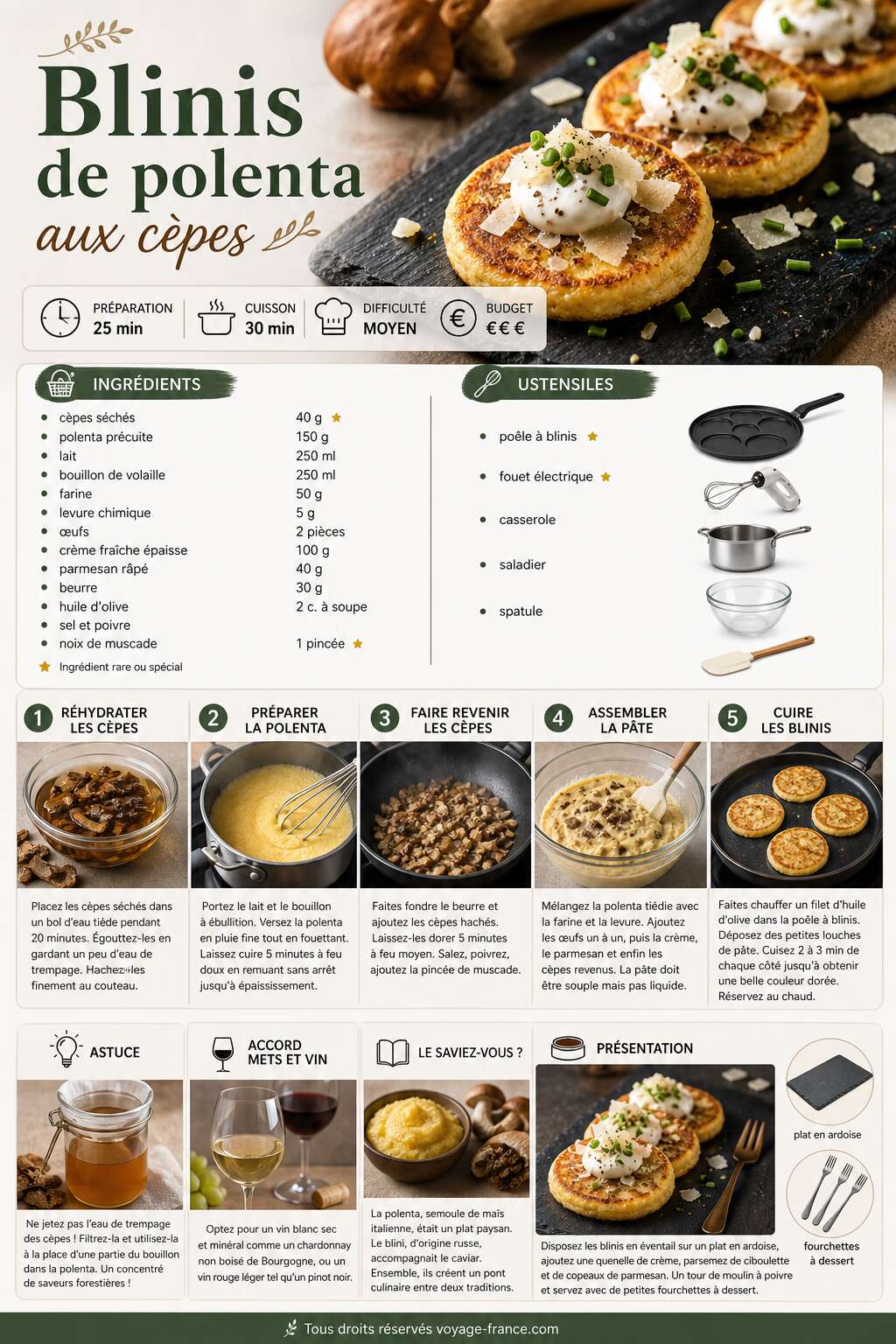 Fiche recette Recette de blinis de polenta aux cèpes Fiche recette Recette de blinis de polenta aux cèpes