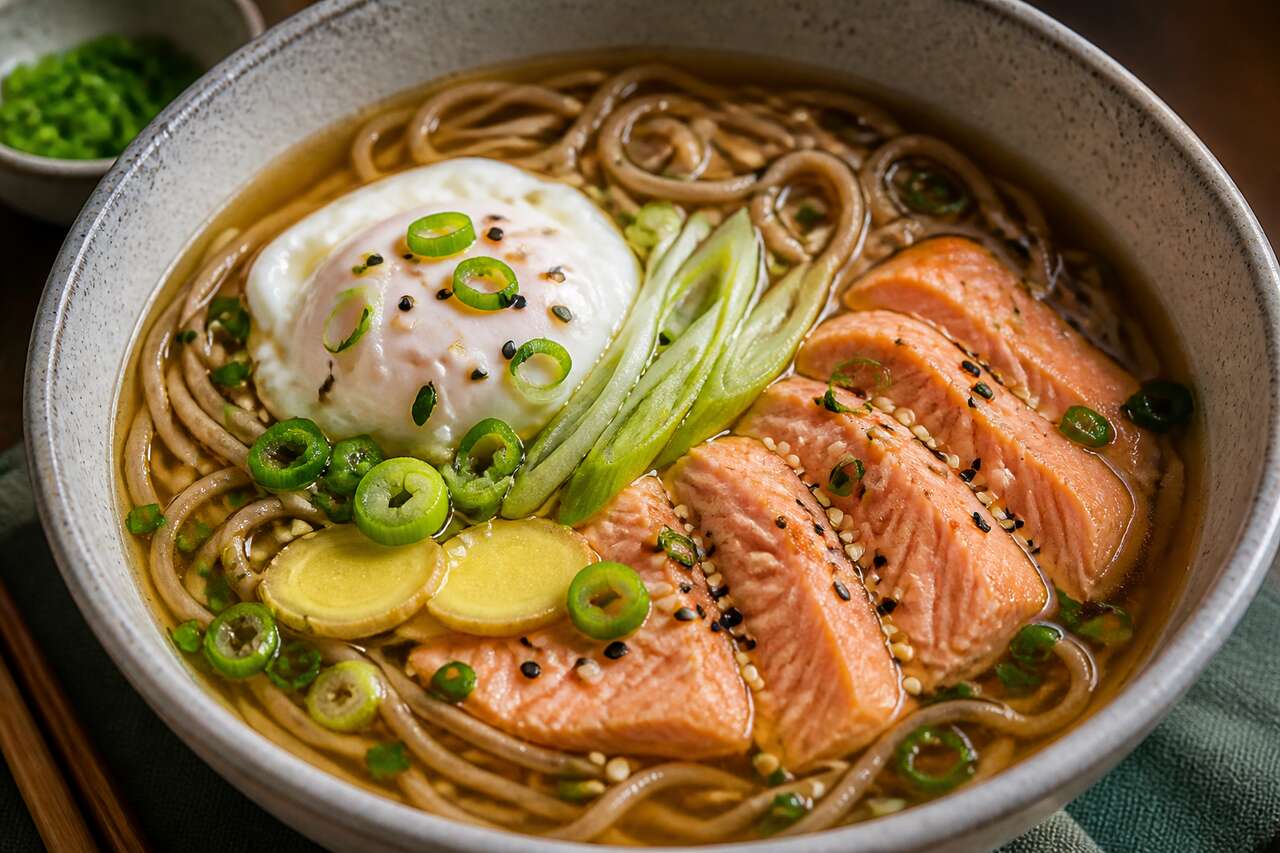 Recette de bouillon miso à la citronnelle, nouilles soba, œuf poché et saumon